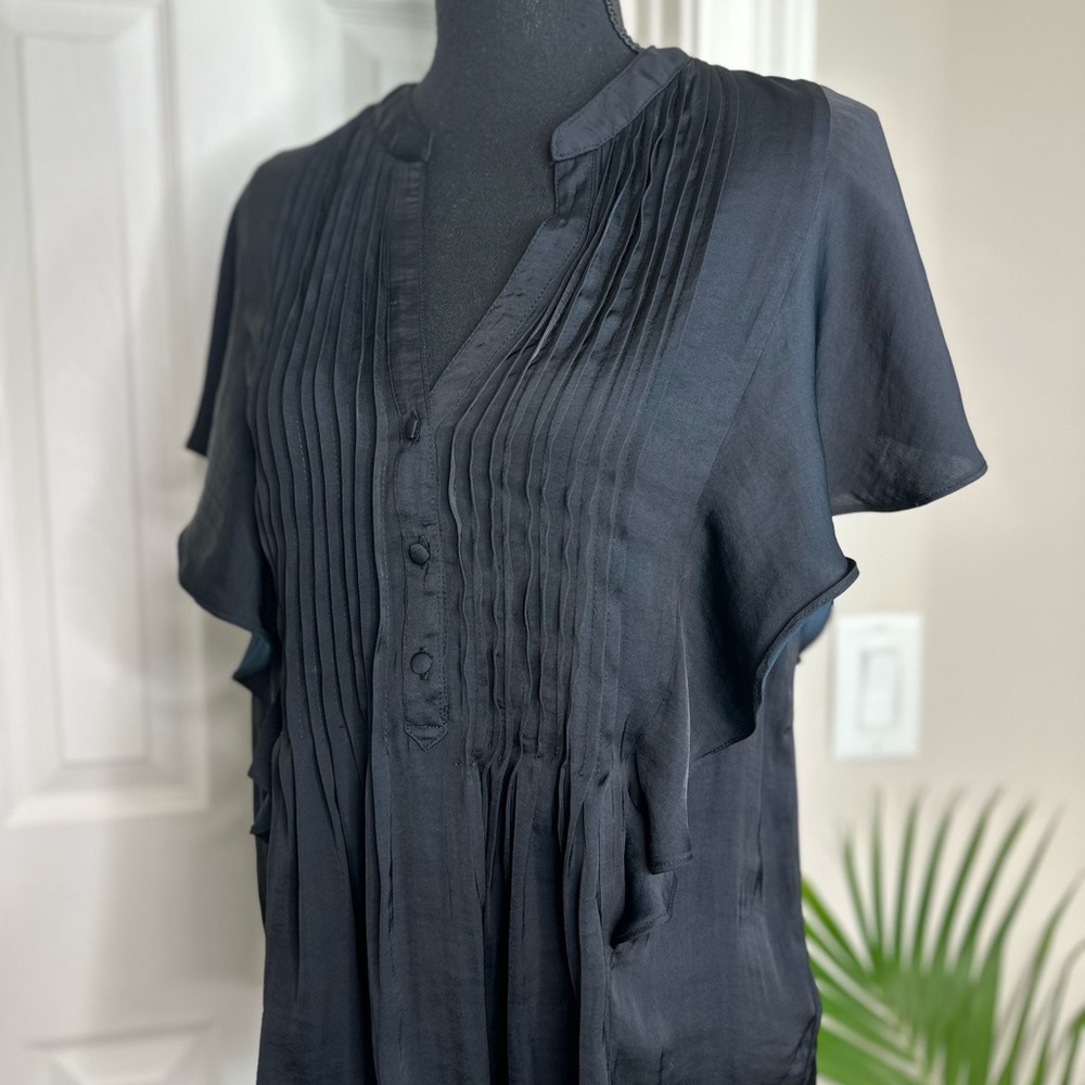 Anthropologie Black Pleated Short Sleeve Blouse